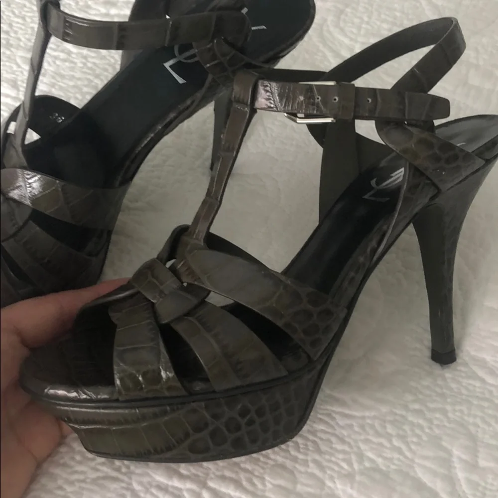 Yves Saint Laurent Brown Croc-Embossed Leather Platform Sandals